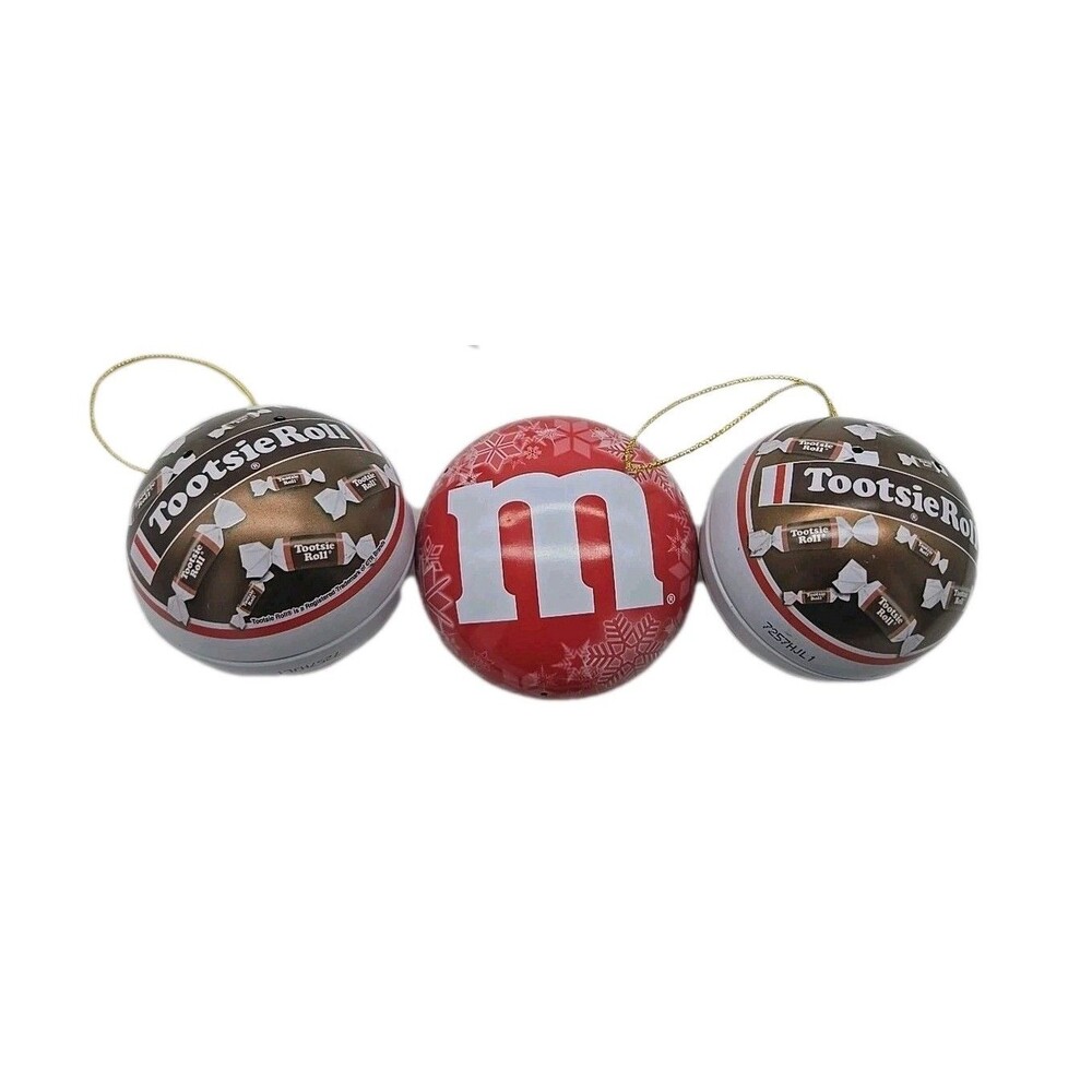 3 EMPTY Candy Tin Christmas Ornaments 2 Tootsie Roll 1 M&M Containers Fill Gifts
